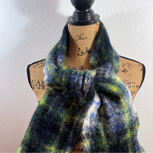 Vintage HandAcraft Scotland Mohair Wool Plaid Scarf Blue Green Tartan Luxury - Picture 2 of 9